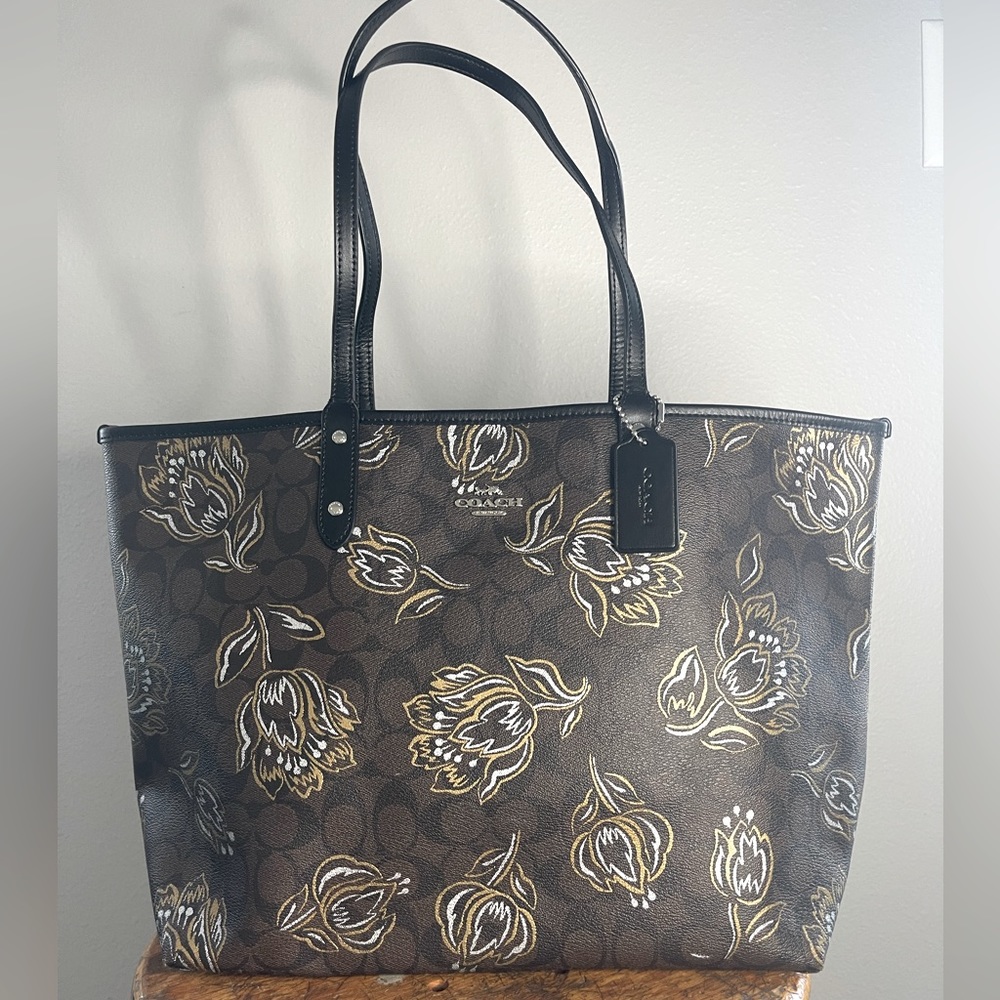 Coach Reversible City Tote with Tulips and Black Handles